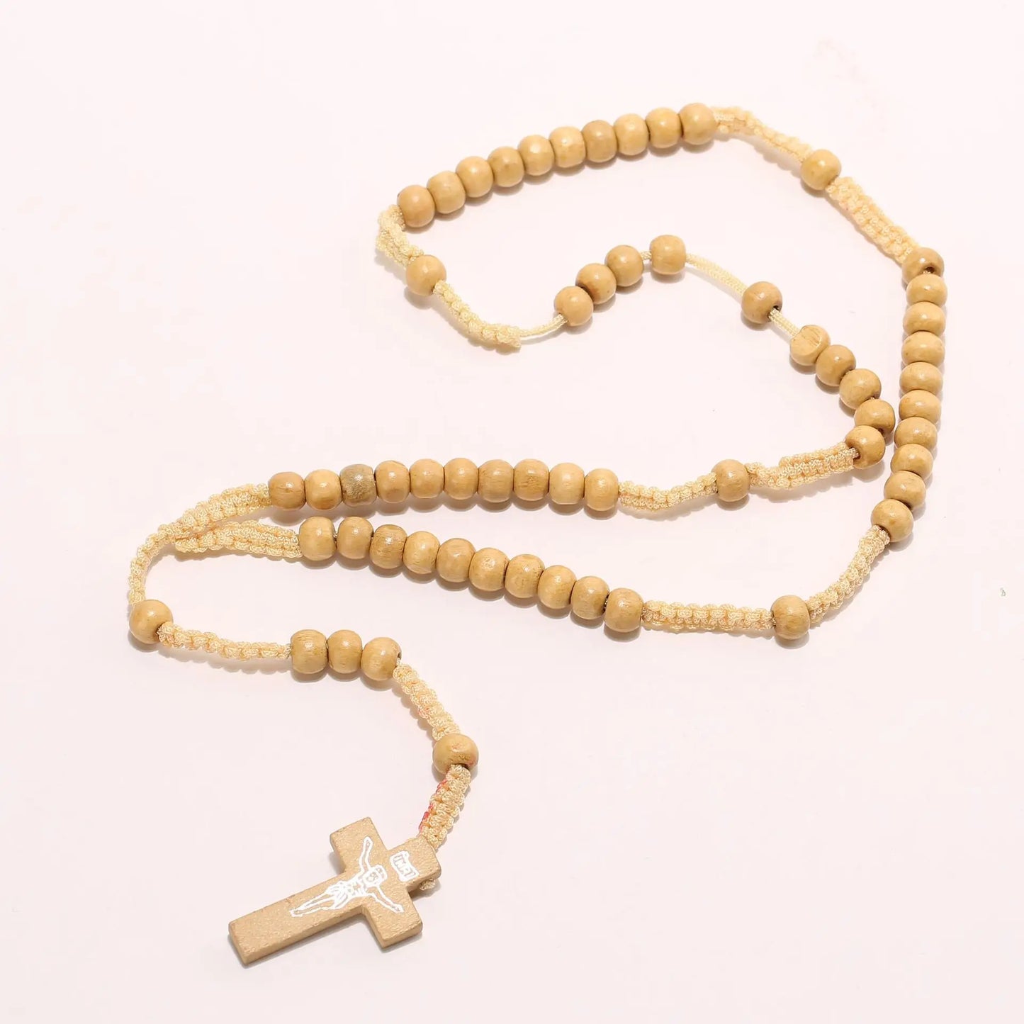 Christ Jesus Wooden Beads 8mm Rosary Bead Cross Pendant Woven Rope Chain Necklace Religious Orthodox Praying Jewelry Chain Decor