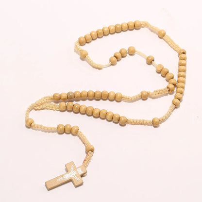 Christ Jesus Wooden Beads 8mm Rosary Bead Cross Pendant Woven Rope Chain Necklace Religious Orthodox Praying Jewelry Chain Decor
