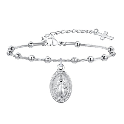 Vnox Rosary Bracelet for Women Girls, Gold Plated Stainless Steel Religious Cross and Virgin Mary Prayer Bracelets Gifts
