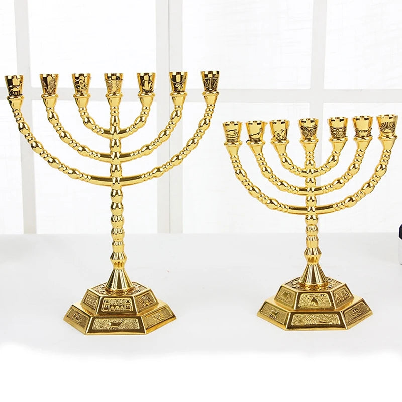 ABUN-Golden Jewish Menorah Candle-Holders Religions Candelabra Hanukkah Candlesticks 7 Branch Menorah