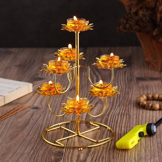 Golden Butter Lamp Holder Metal Lotus Light Cup Candlestick Living Room Restaurant Temples Buddhist Candle Stand Home Decoration