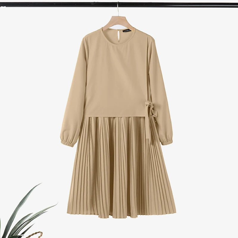 ZANZEA Women Chic Long Tops Islamic Muslim Fashion Hijab O-Neck Wrapped Pleated Hem Blouses Modest Tied Long Sleeve Solid Tunics
