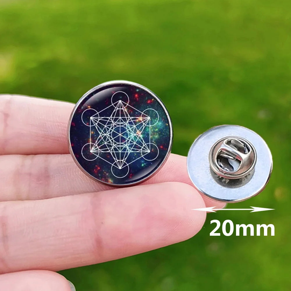 Metatron Cube Stainless Steel Pin Badge Sri Yantra Sacred Geometry Glass Brooch for Men Women Bag Decoration