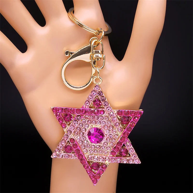 Hexagram Star of David Blessing  Keychain for Women Men Pink Rhinestone Gold Color Jewish Key Chains Jewelry chaveiro K9646S01