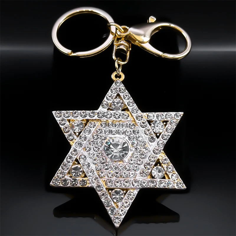 Hexagram Star of David Blessing  Keychain for Women Men Pink Rhinestone Gold Color Jewish Key Chains Jewelry chaveiro K9646S01