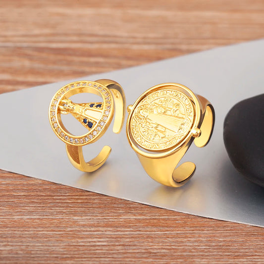 Nidin New Popular 2 Styles Religious Flipable Open Rings Adjustable For Female Male Copper Inlaid Zircon Finger Jewelry Gifts