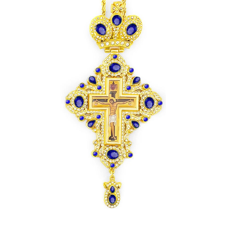 Gold Plated Catholic Orthodox Pectoral Cross with Red Green Gems and Jesus Icon Enamel for Clergy Church Liturgy Devotion Gift
