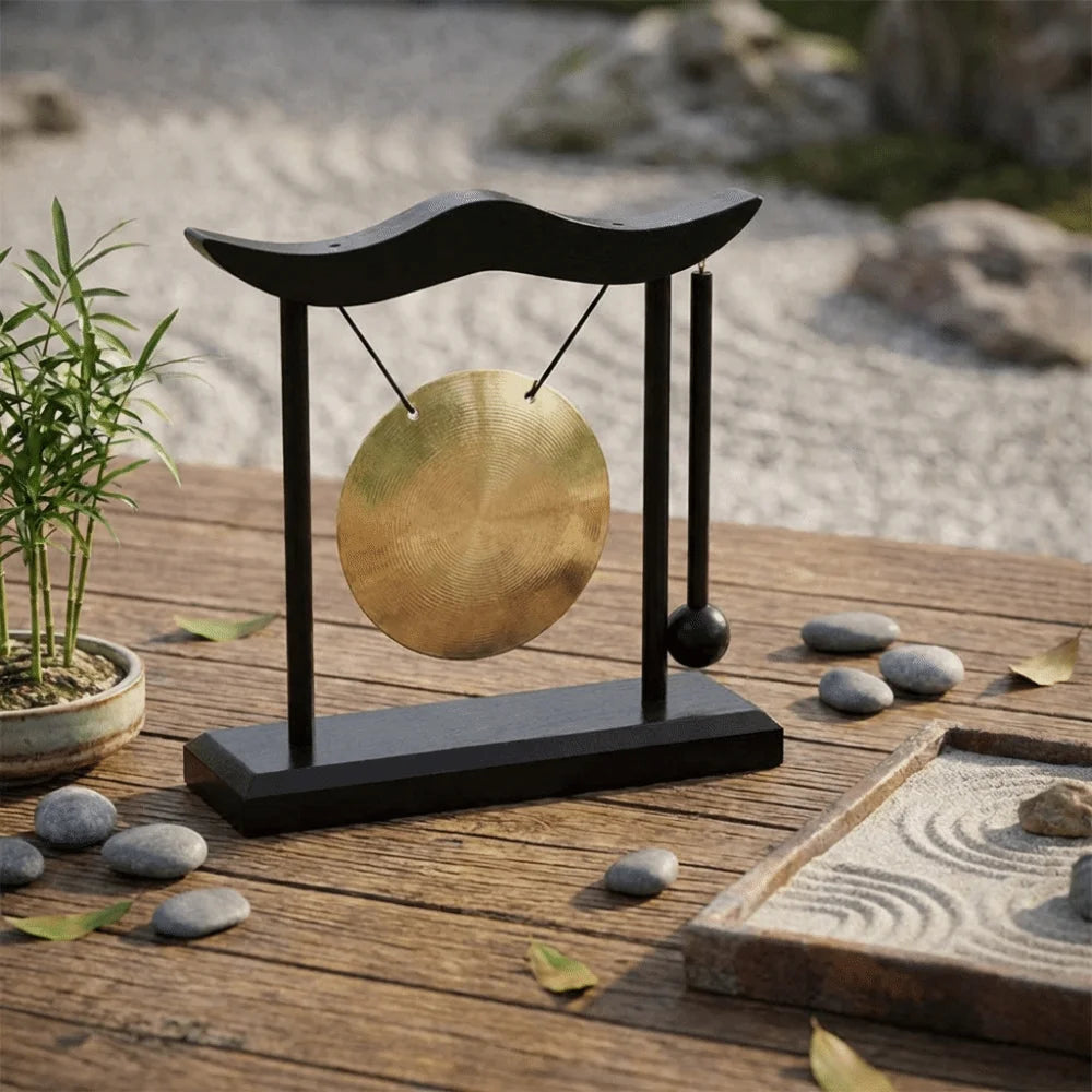 Retro Relaxation Desktop Gong Fortune Creative Copper Bell High Volume Wood Frame Feng Shui Metal Cymbals House Warming