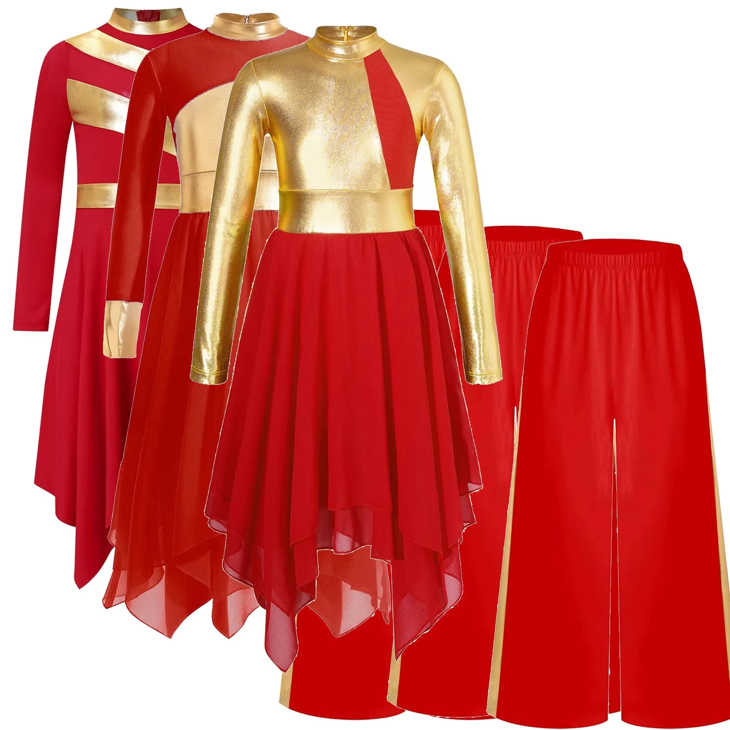 Kids Girls Praise Clothes Set Ballet Lyrical Performance Costume Metallic Church Christian Worship Robe Dress Tunic Dancewear