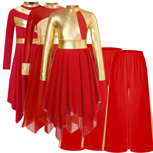 Kids Girls Praise Clothes Set Ballet Lyrical Performance Costume Metallic Church Christian Worship Robe Dress Tunic Dancewear
