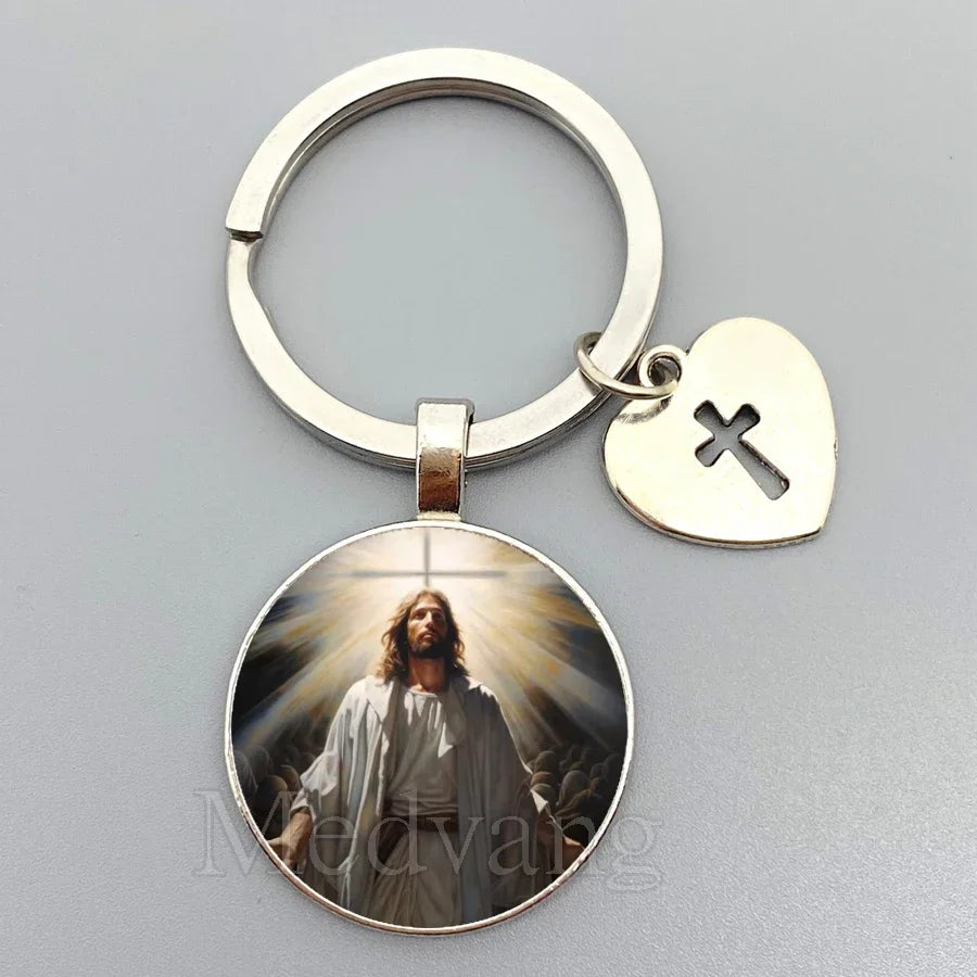 Jesus Sacred Heart Keychain Virgin Mary Glass Dome Key chain Catholic Men's and Women's Jewelry Gifts