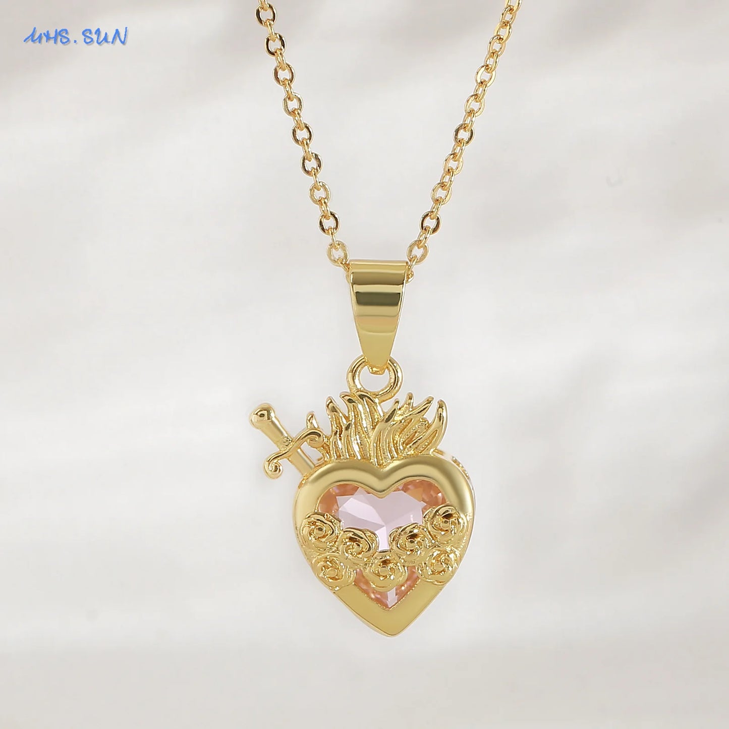 MHS.SUN Gold Plated Sacred Heart of Jesus Cross Necklace Red Zircon Religious Catholic Pendant Necklaces For Women Girls Jewelry