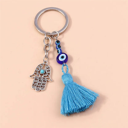 Aihua Lucky Eye Alloy Fatima Hand Keychain Heart Glass Bead Blue Turkish Evil Eye Key Chain Car Keyring for Women Men Jewelry