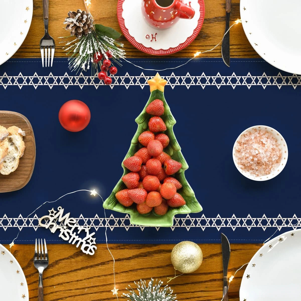 Hexagram Hanukkah Linen Table Runner Party Decor Star of David Jewish Chanukah Holiday Kitchen Table Runner Hanukkah Decorations