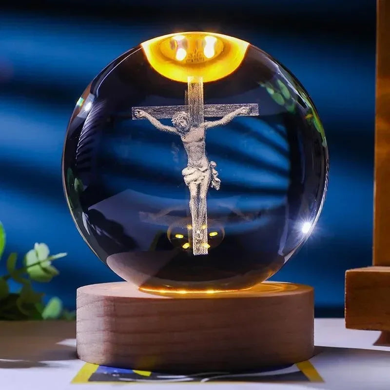 Illuminated Jesus and Virgin Mary Crystal Ball Set with Cross for Devotion rosarios catolicos  jesus christ