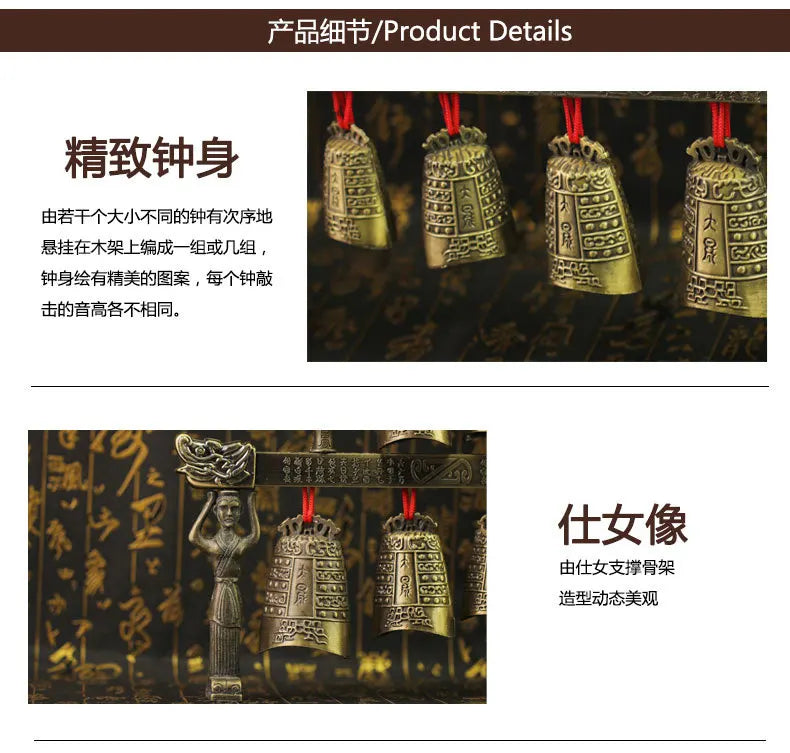 Chinese Old Meditation Gong with 7 Ornate Bell with Dragon Design Chinese Musical Instrument Bronze Metal Handicraft Home Decor