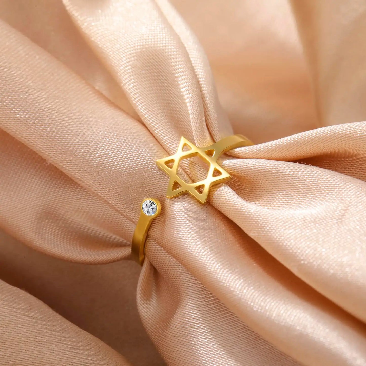Dreamtimes Star of David Rings for Women Stainless Steel Adjustable Open Rings with Clear Zircon Hexagram Jewish Ring Jewelry