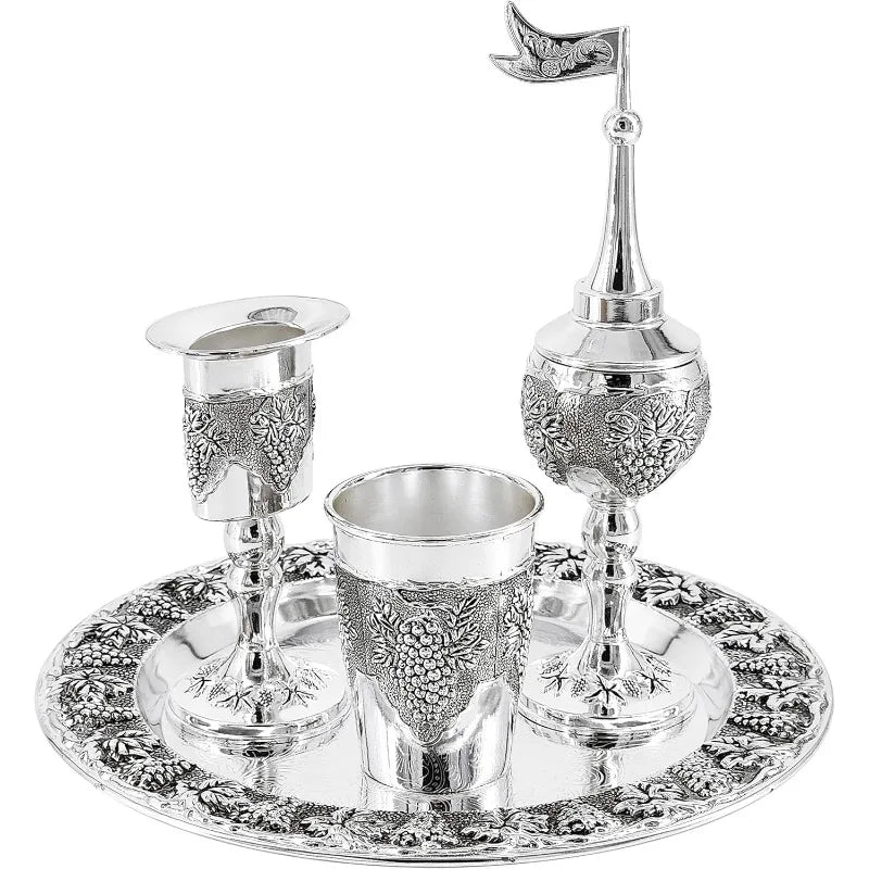 4 Pcs Shabbat Havdalah Set Grape Theme Wine Goblet Kiddush Tray Candle Holder Besamim Spice Box for the End of the Sabbath