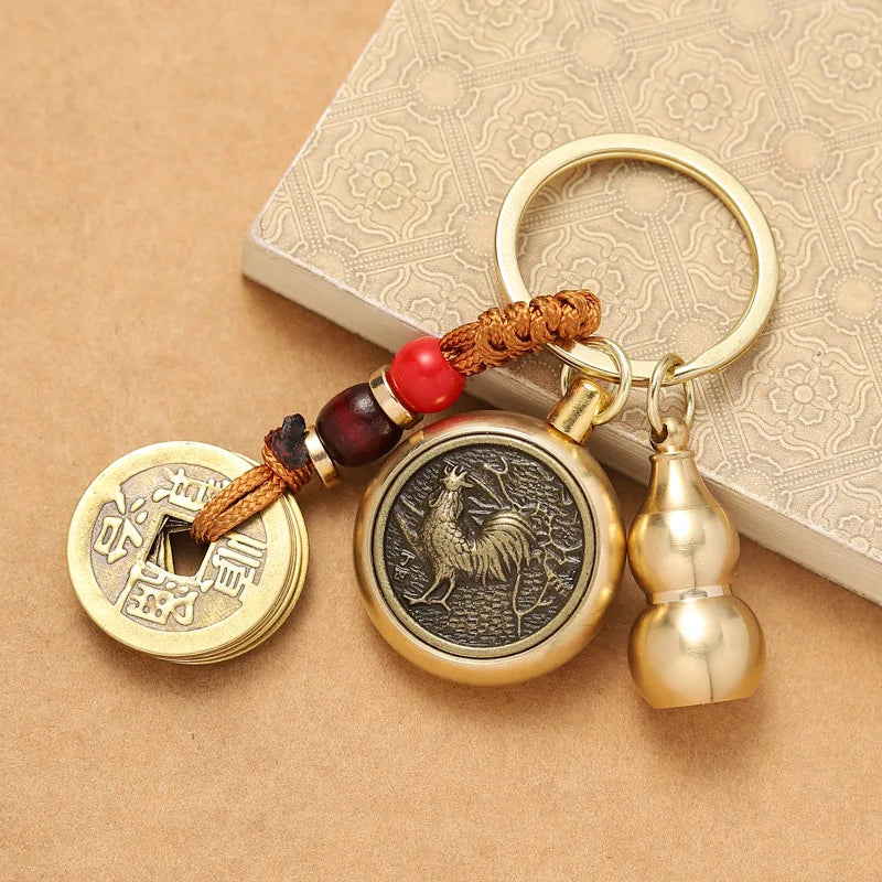Brass Five Emperors Money Twelve Zodiac Key Chain Turnaround keyChain For Gfit Car Accessories Popular  In Scenic Spots
