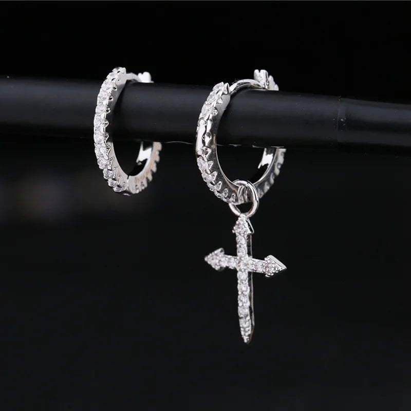 925 Sterling Silver Cross Pendant Asymmetric Hoop Earrings For Women Men Simple Personality New Trend Jewelry Wholesale