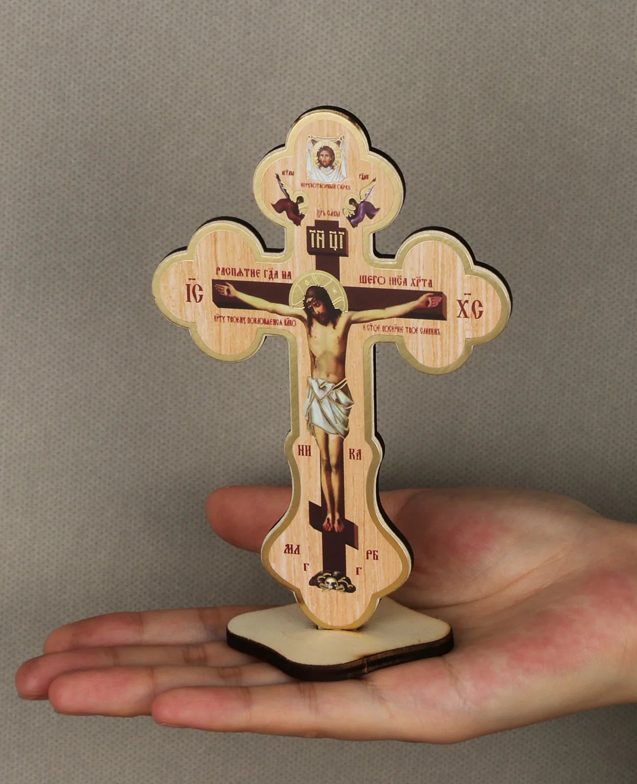 Wooden Jesus on Cross Stand Decoration Christian Crucifix Jesus Christ Crosses Icon Ornament Church Desktop Display Crafts Gift