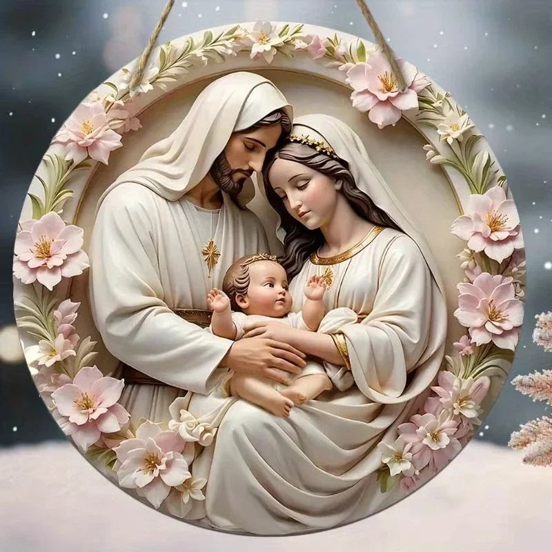 Virgin Mary Nativity Scene Metal Tin Sign with 2D Relief Effect of Jesus, Round, for Christmas.