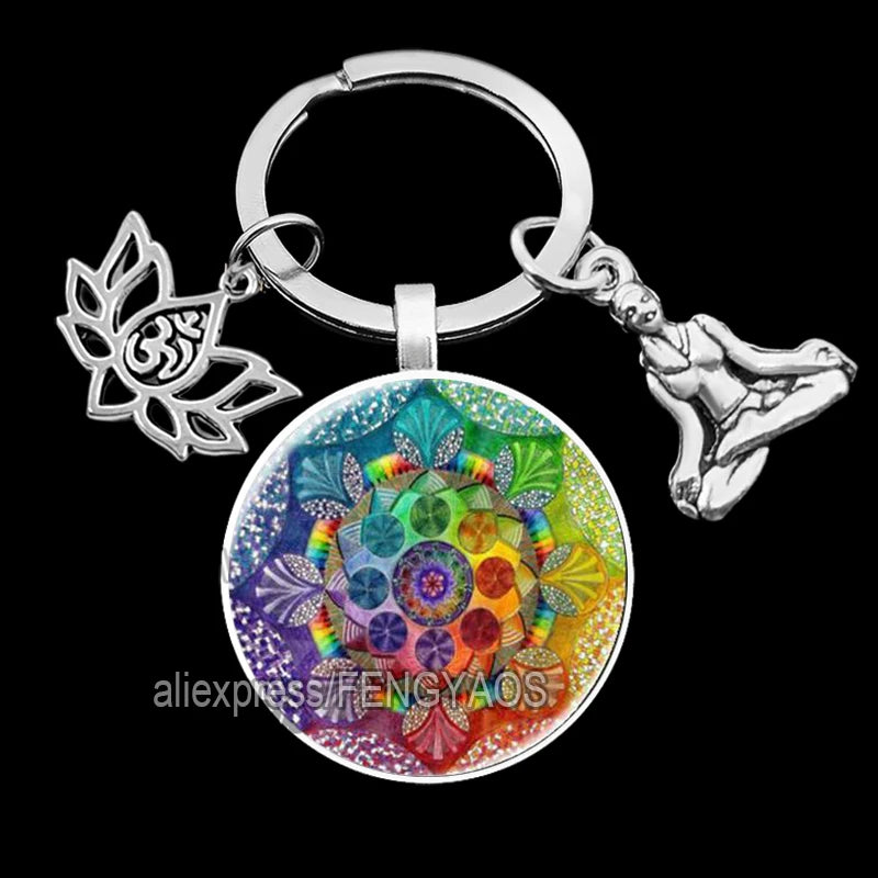 2023 Indian Buddha Meditation 7 Chakra Mandala Key Holder for Keys Psychedelic Yoga Keychain Ornament