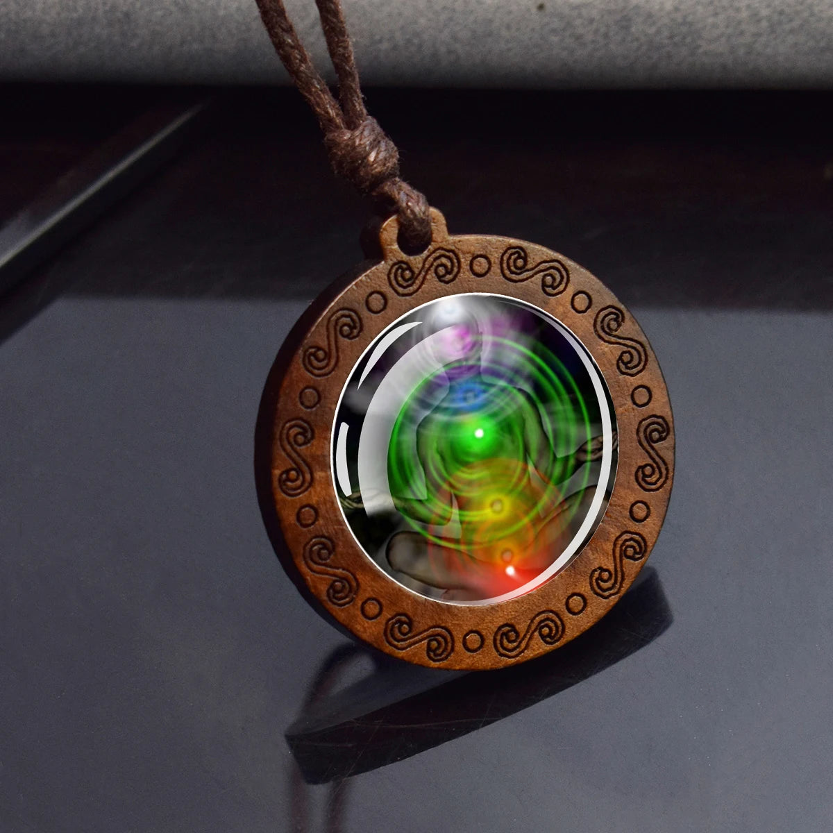 7Chakra Symbol Necklace Yoga Meditation Glass Dome Vintage Wooden Pendant Rope Chains Necklace Women Men Indian Buddhism Jewelry