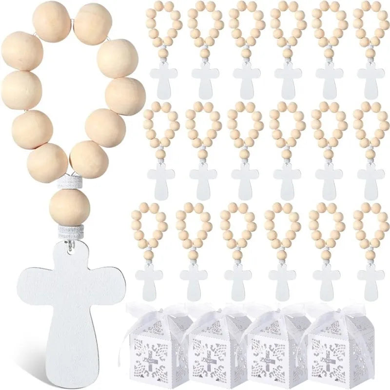 6/12/18PCS Wooden Rosary Wood Bulk Catholic with Crucifix Wooden Cross Pendant with White Mesh Bags for Baptism First Communion