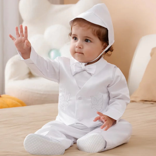 Baby Boys Baptism Outfits Infant Wedding Birthday Party White Cartoon Dove Newborn Formal Gentleman Suits Christening Clothes