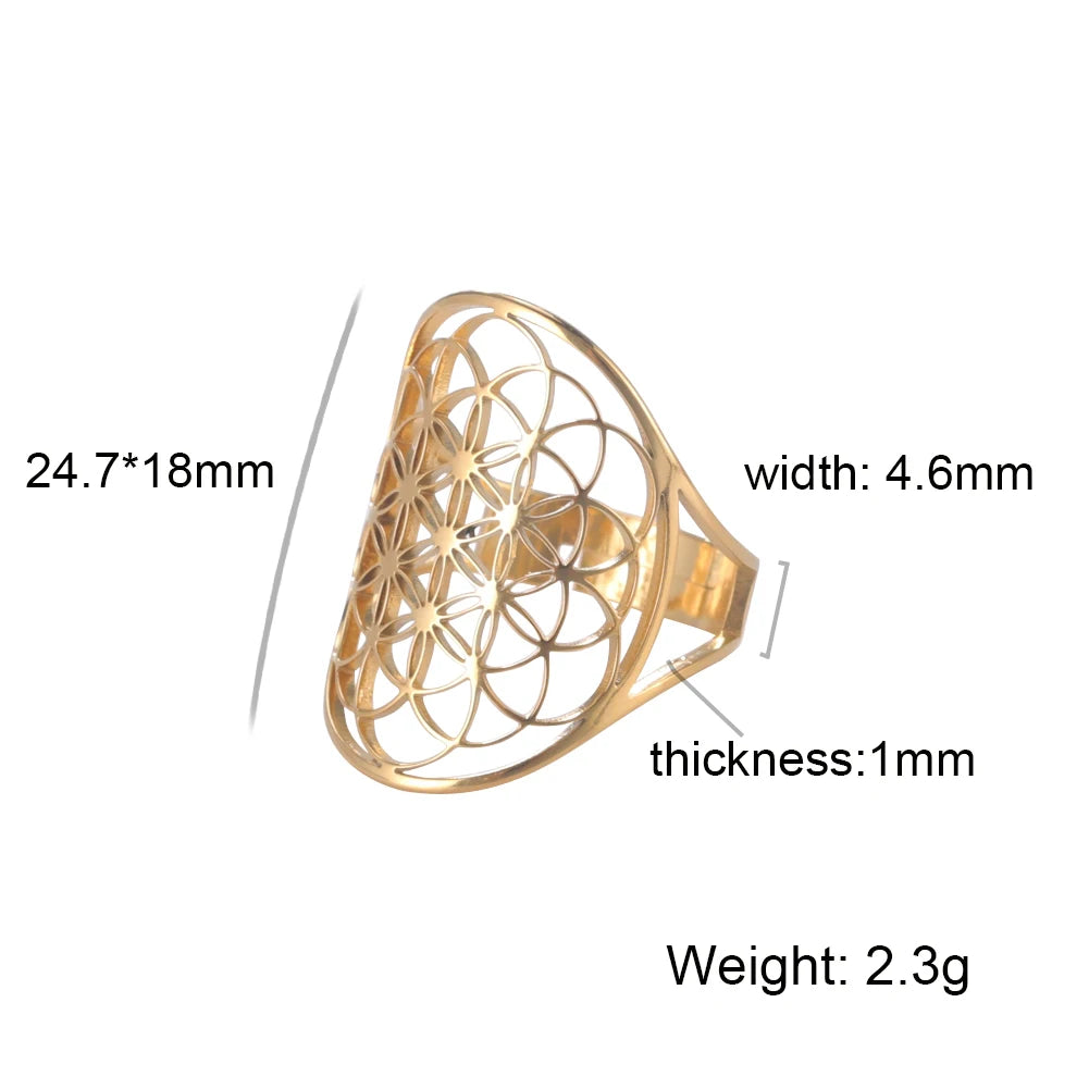 Unift Sacred Geometry Flower of Life Ring Adjustable Stainless Steel Ring Men Women Accessories Vintage Filigree Jewelry Gifts