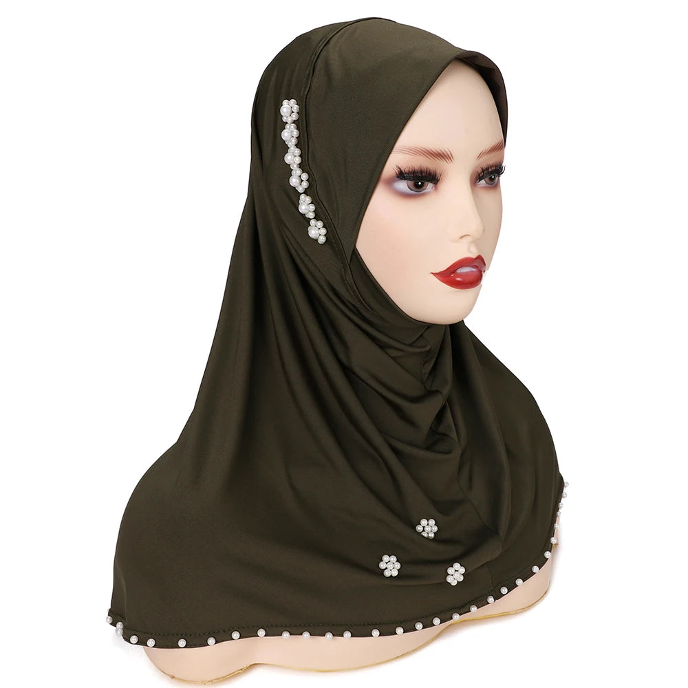 Trendy Muslim Instant Hijab Beads Bonnet Stretch Scarf Islamic Headband Jersey Hijab Headwrap Turbante for Women