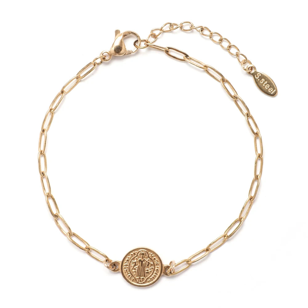 Coin Charm Stainless Steel St Benedict Medal Bracelet San Benito Bracelet Adjustable Link Chain Bohemia Bracelet