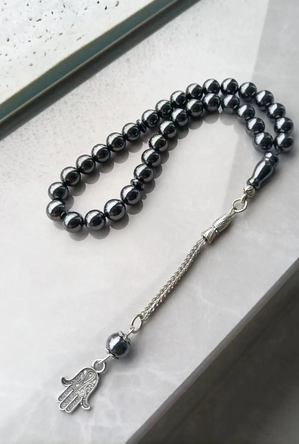 100% Natural 33 hematite Fatima/Hamsa jewelry Muslim rosary prayer beads Tasbih tesbih Allah Masbaha Misbaha sibha subha