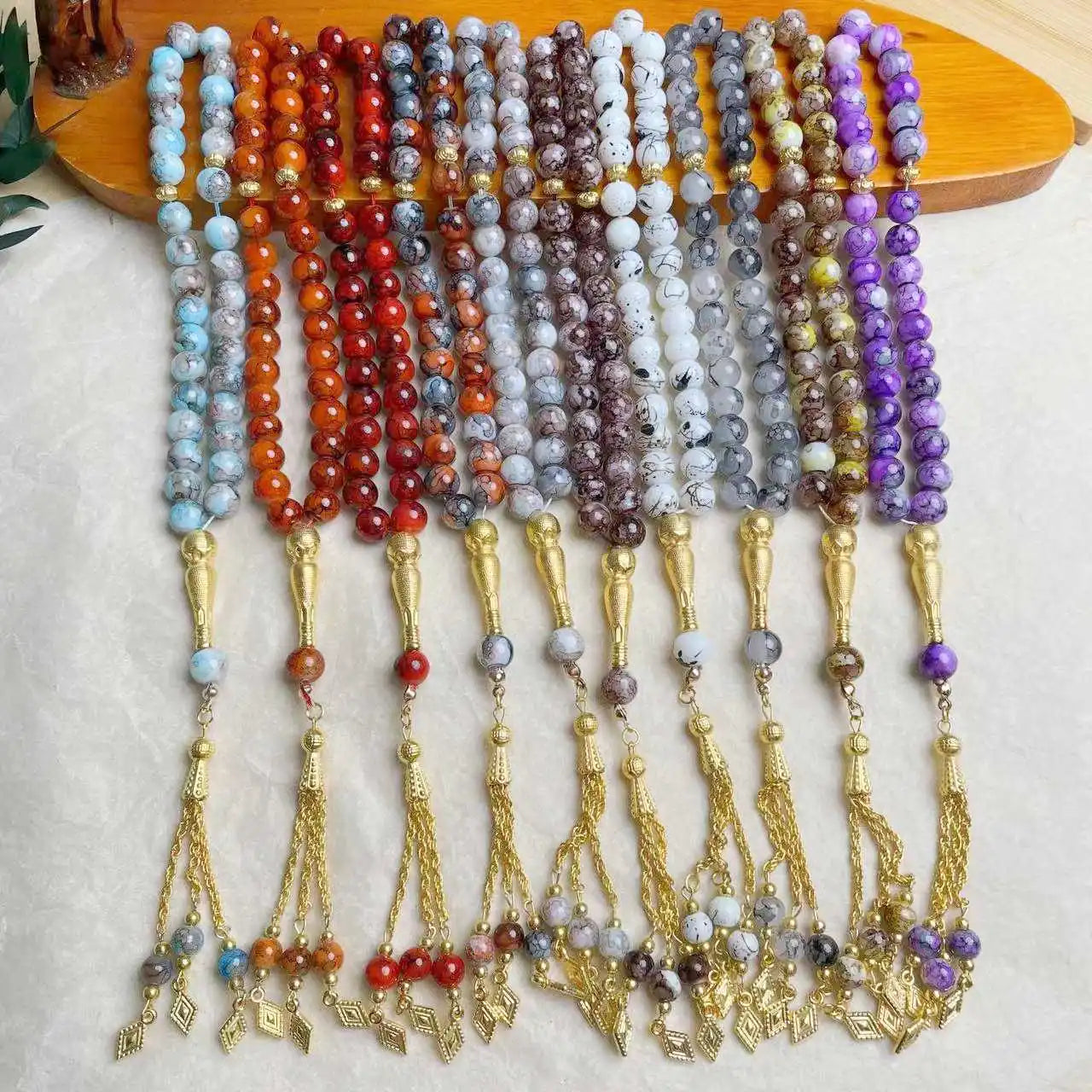 10mm Large Flower Beads 33pcs Glass Prayer Beads Muslim Tasbih Golden Tassel Handmade Rhombus Shape Retro Style Jewelry