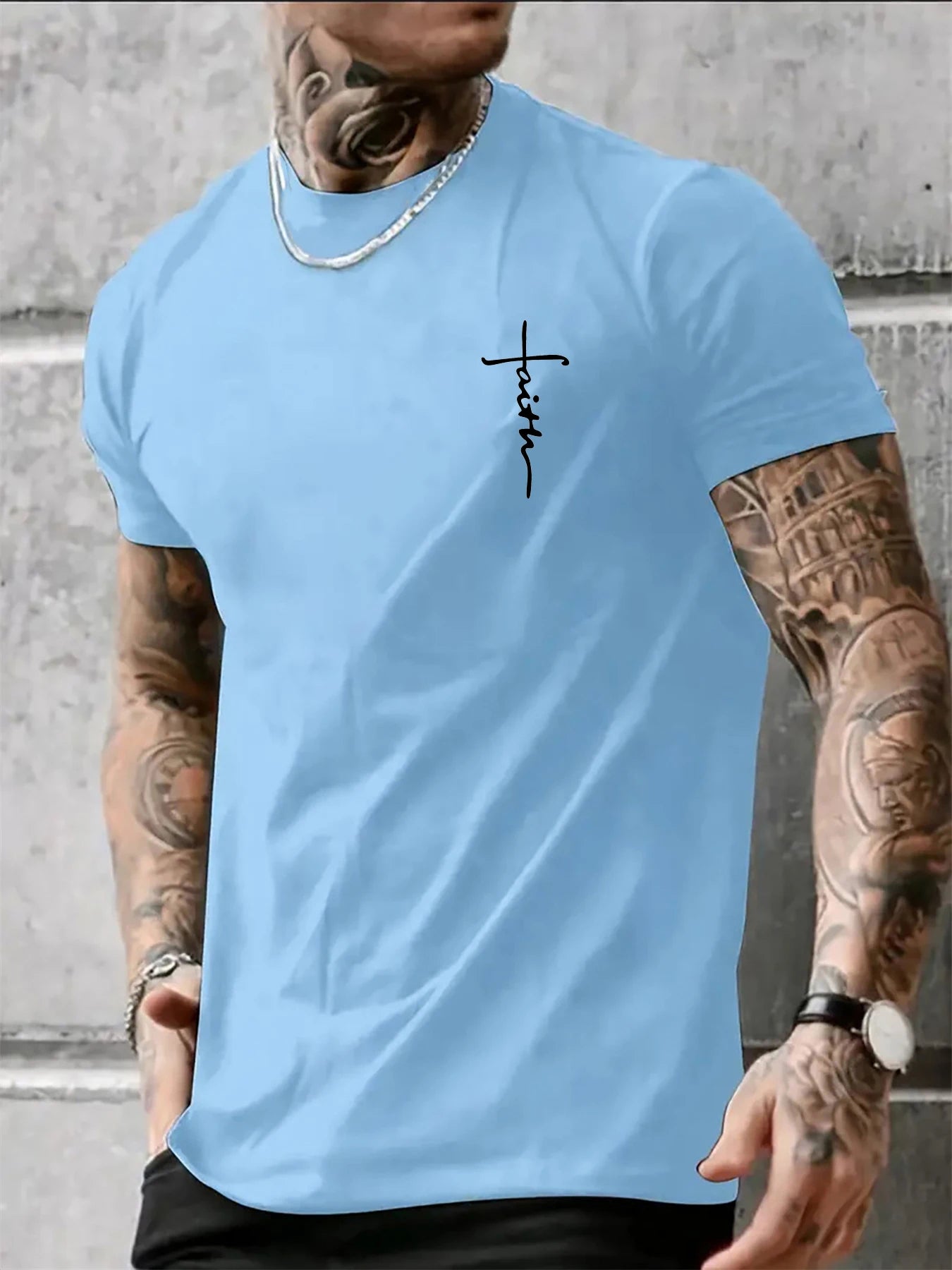 Summer men's 100% pure cotton casual loose fit plus size cross faith pattern printed round neck short sleeved T-shirt top