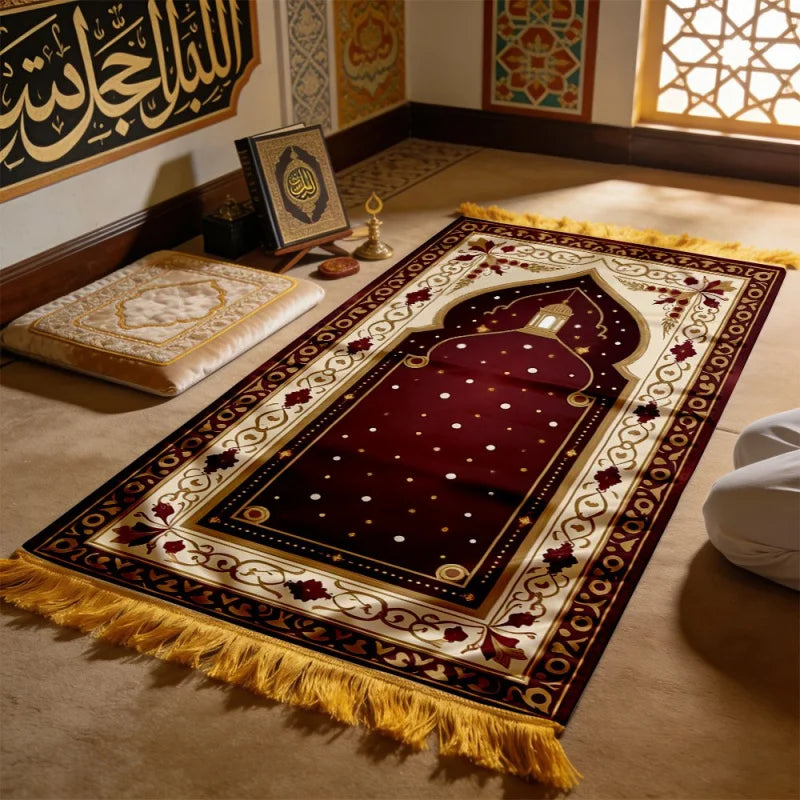 VIKAMA Luxury Star Pattern Burgundy Muslim Prayer Mat Portable and Foldable Suitable for Religious Pilgrimage and Prayer