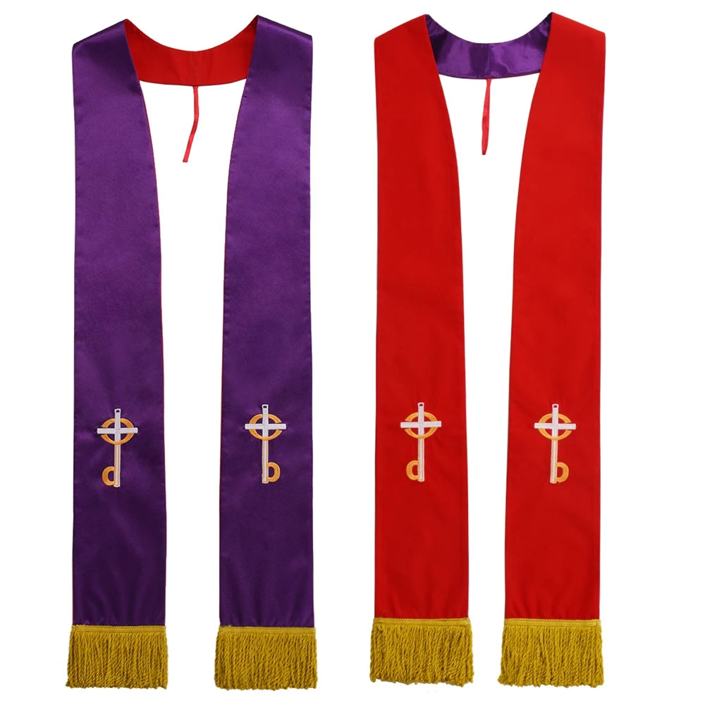 Clergy Stole Church Overlay Double Sided Cross Gold Tassels Scarf for Priest Choir