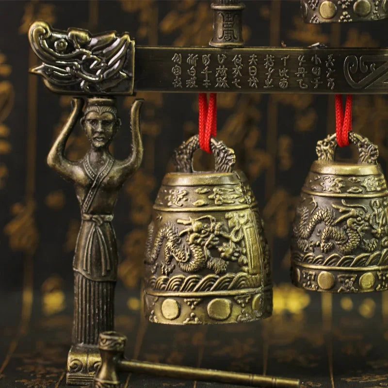 Chinese Old Meditation Gong with 7 Ornate Bell with Dragon Design Chinese Musical Instrument Bronze Metal Handicraft Home Decor