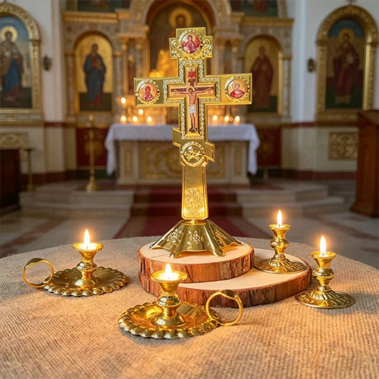 Vintage Gold Plated Orthodox Standing Cross with Holy Icons and Base for Church Liturgy Home Altar Prayer Christian Gift Decor