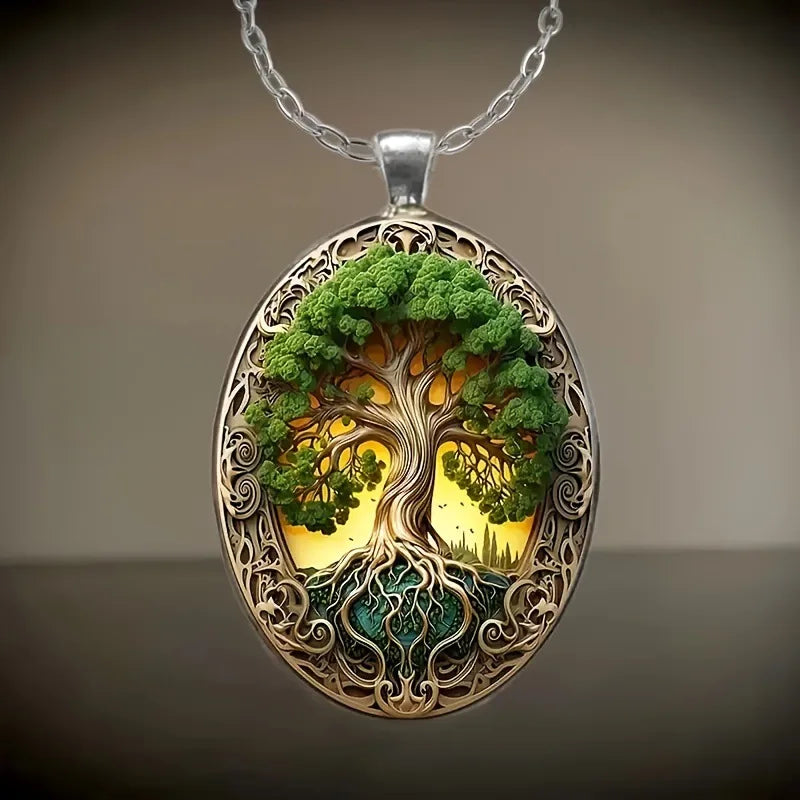 New Fashionable and Elegant Tree of Life Pattern Elliptical Glass Alloy Pendant Necklace Jewelry Wholesale