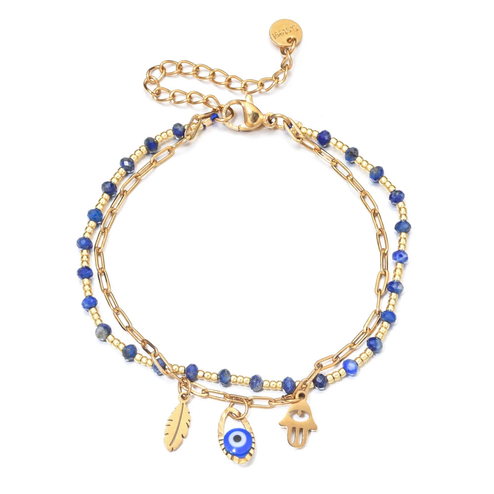 New Boho Handmade Color Evil Eye Hamsa Hand Charms Stainless Steel Bracelet Luxury Natural stone jewelry Accessories