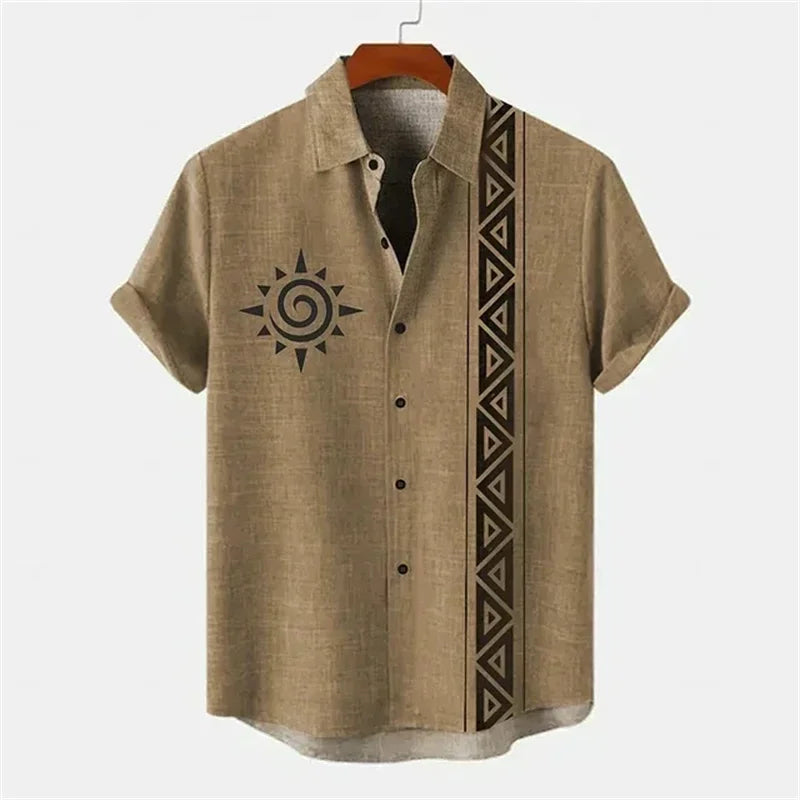 Men's shirt ethnic style 3D printing henley shirt, men's fashion button down collar short sleeve, high quality men's tops