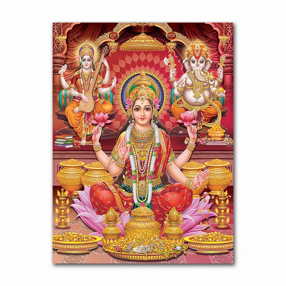 India Hindu Golden Ganesha Temple Poster Shiva Parvati Painting Canvas Prints Elephant God Religion Picture Room Hoom Wall Decor