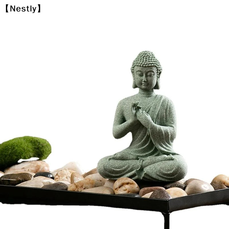 1Pcs Mini Buddhism Figurine Desk Decor Zen Statue Green Sandstone Thailand Ornament Buddha Garden Statue Fish Tank Decor〔Nest〕