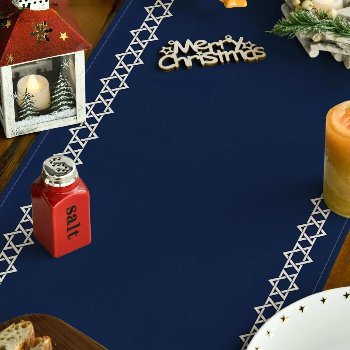 Hexagram Hanukkah Linen Table Runner Party Decor Star of David Jewish Chanukah Holiday Kitchen Table Runner Hanukkah Decorations