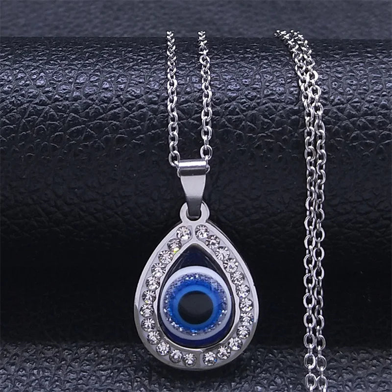 Greek Eye Fatima Hand Necklace for Women Men Stainless Steel Turkish Evil Blue Eye Protection Chain Islamic Jewelry  N8041S01