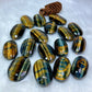 Natural Crystal Palm Tiger Eye Ellipse Stone Deep Blue & Golden Stripes Compress Massage Palm Reiki Healing worry Fingertip Toy