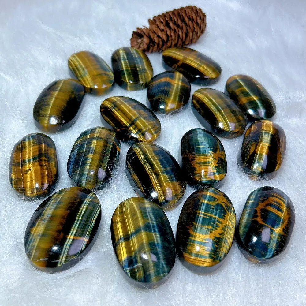Natural Crystal Palm Tiger Eye Ellipse Stone Deep Blue & Golden Stripes Compress Massage Palm Reiki Healing worry Fingertip Toy