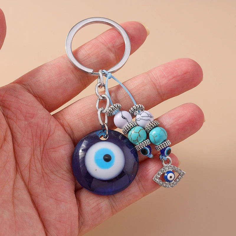 Aihua Lucky Eye Alloy Fatima Hand Keychain Heart Glass Bead Blue Turkish Evil Eye Key Chain Car Keyring for Women Men Jewelry